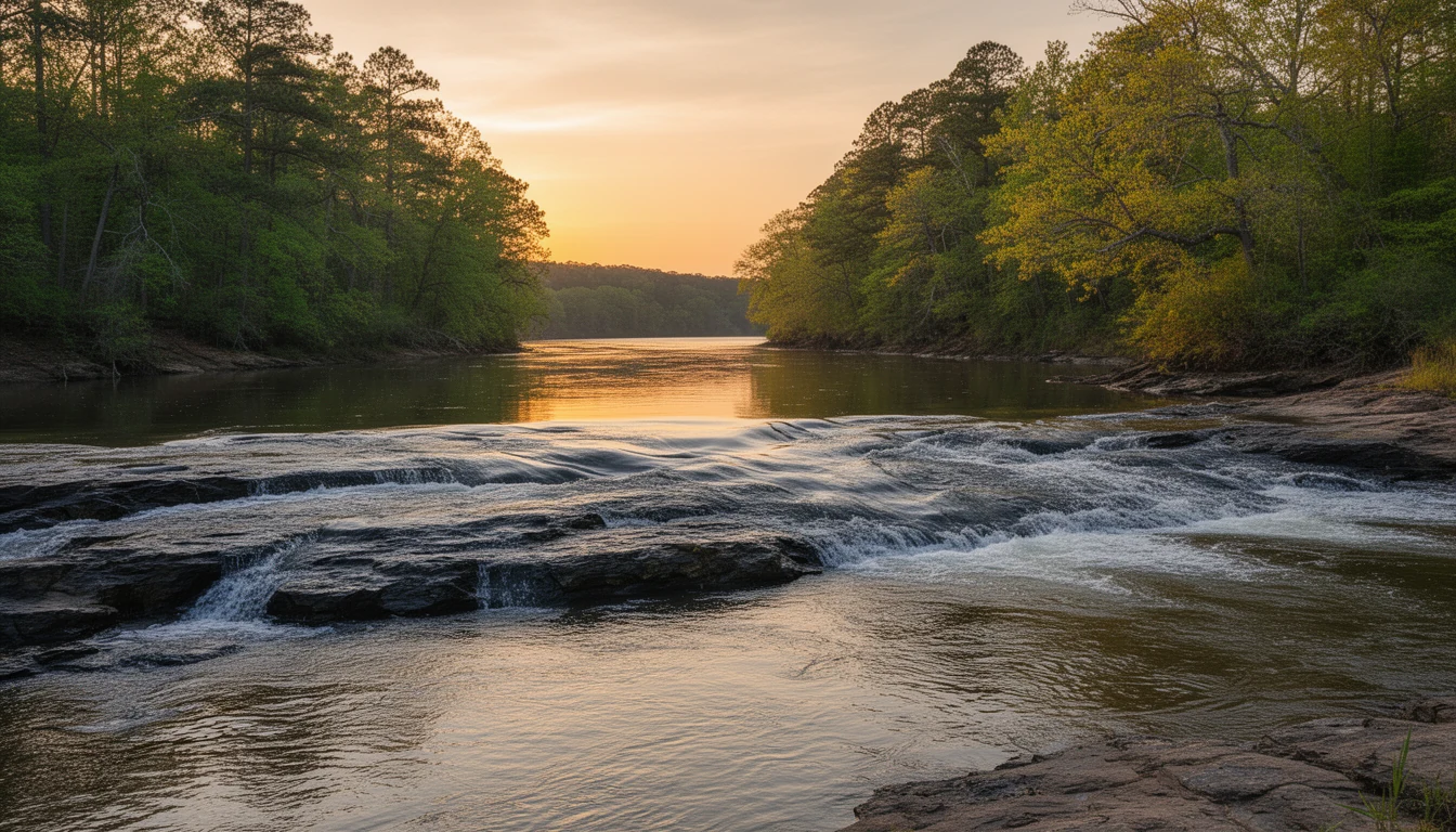 Roanoke River at Weldon with gentle rapids over dark rock and wooded banks at golden hour in Halifax County, North Carolina