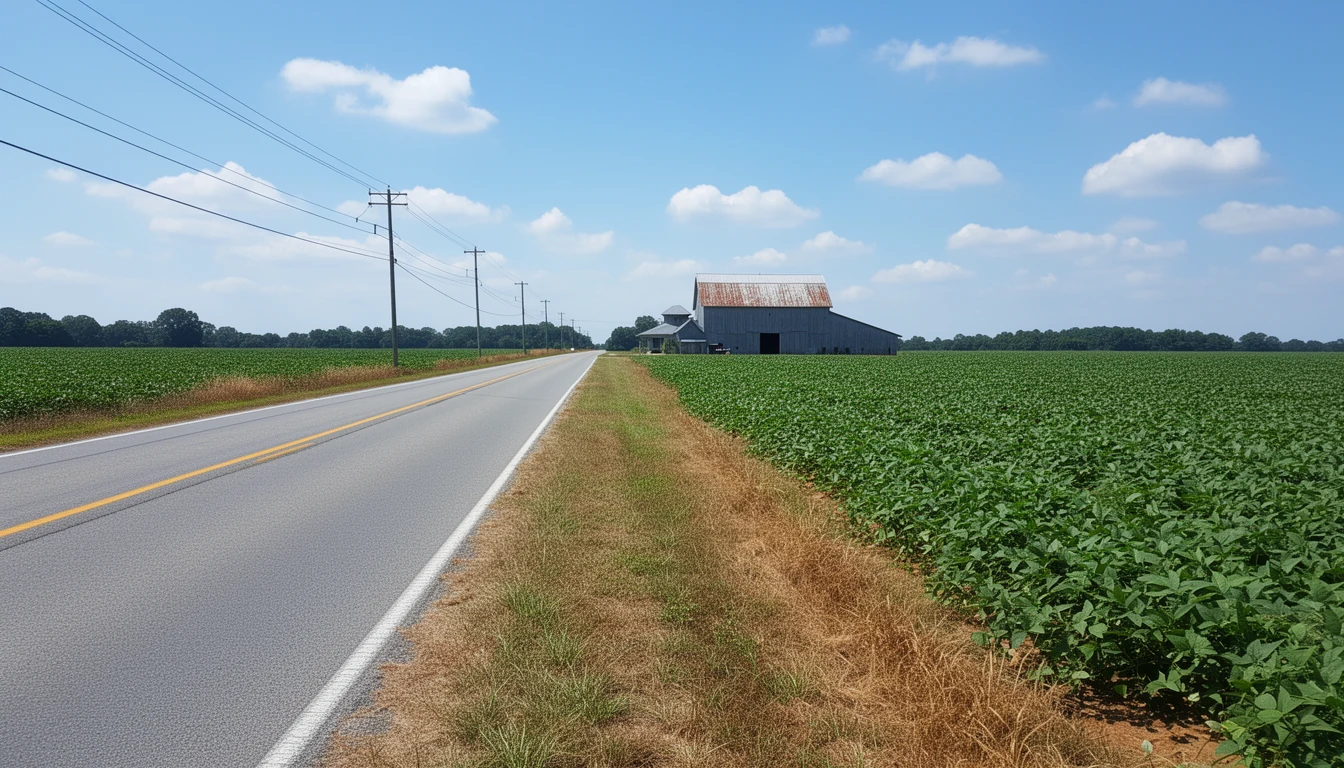 Two-lane Halifax County road passing soybean fields and a weathered barn near Weldon, North Carolina, at midday