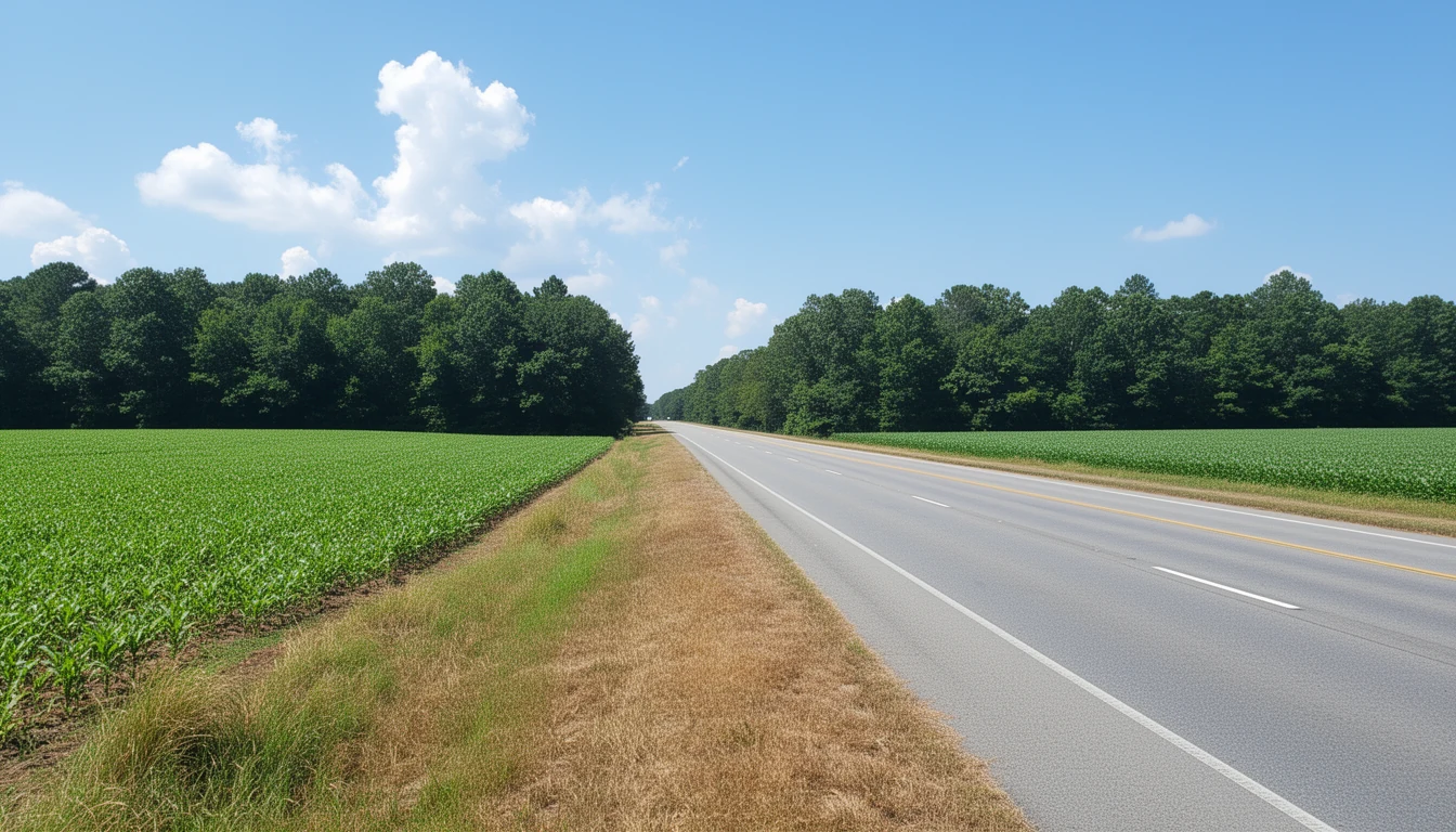 Rural four-lane highway running past green farm fields near Roanoke Rapids, Halifax County, North Carolina, at midday