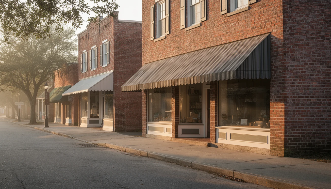 Brick storefronts along a small town Main Street in Halifax County, North Carolina, early morning light