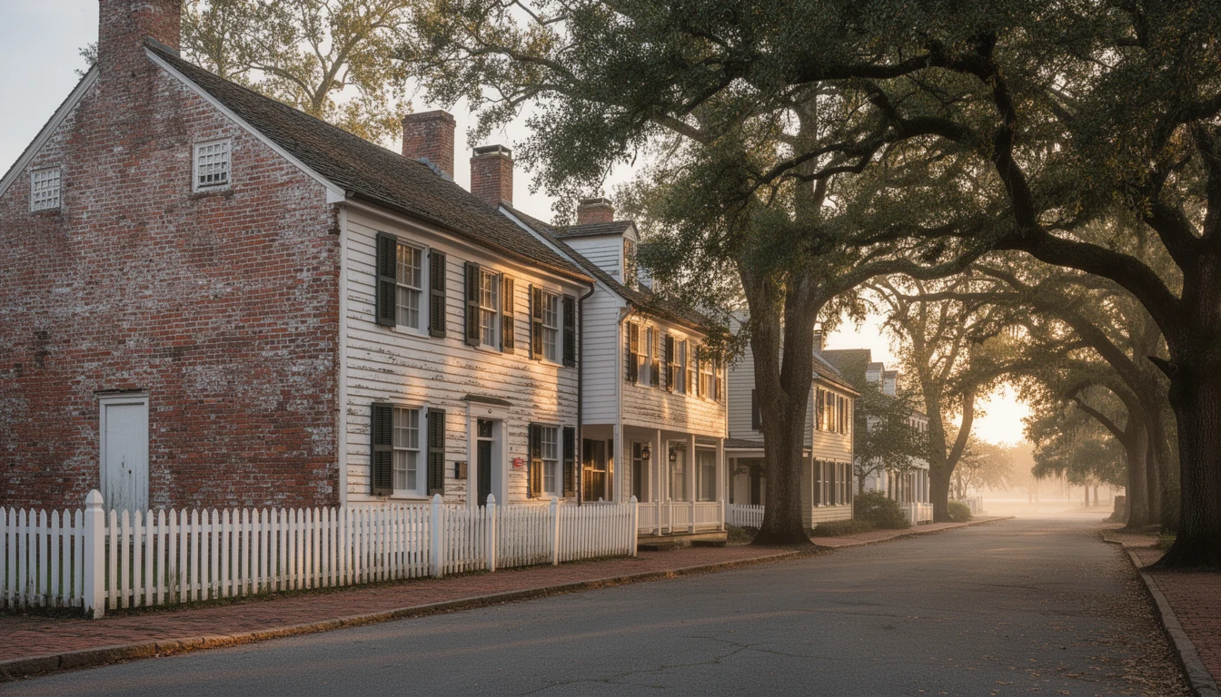 Restored colonial-era brick buildings and tall oaks along a small town street in Halifax County, North Carolina