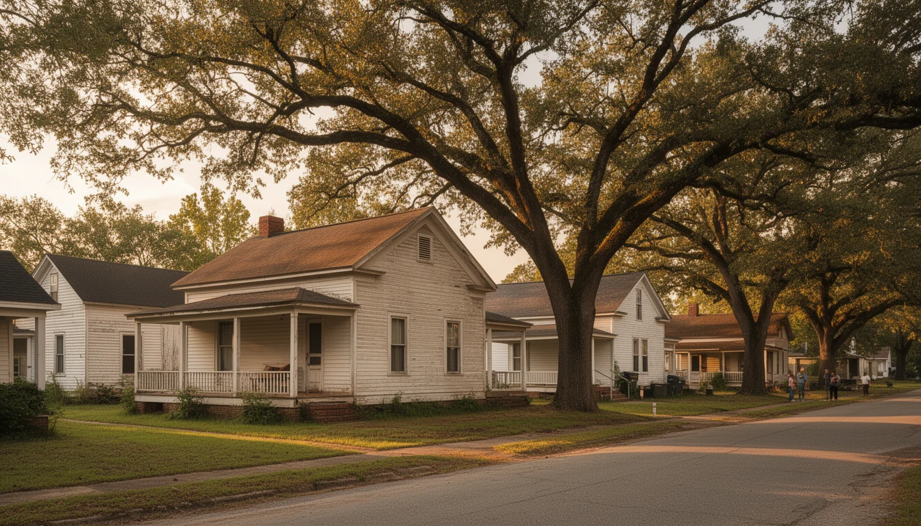 Early twentieth-century mill-village houses with front porches on a quiet residential street in Roanoke Rapids, Halifax County