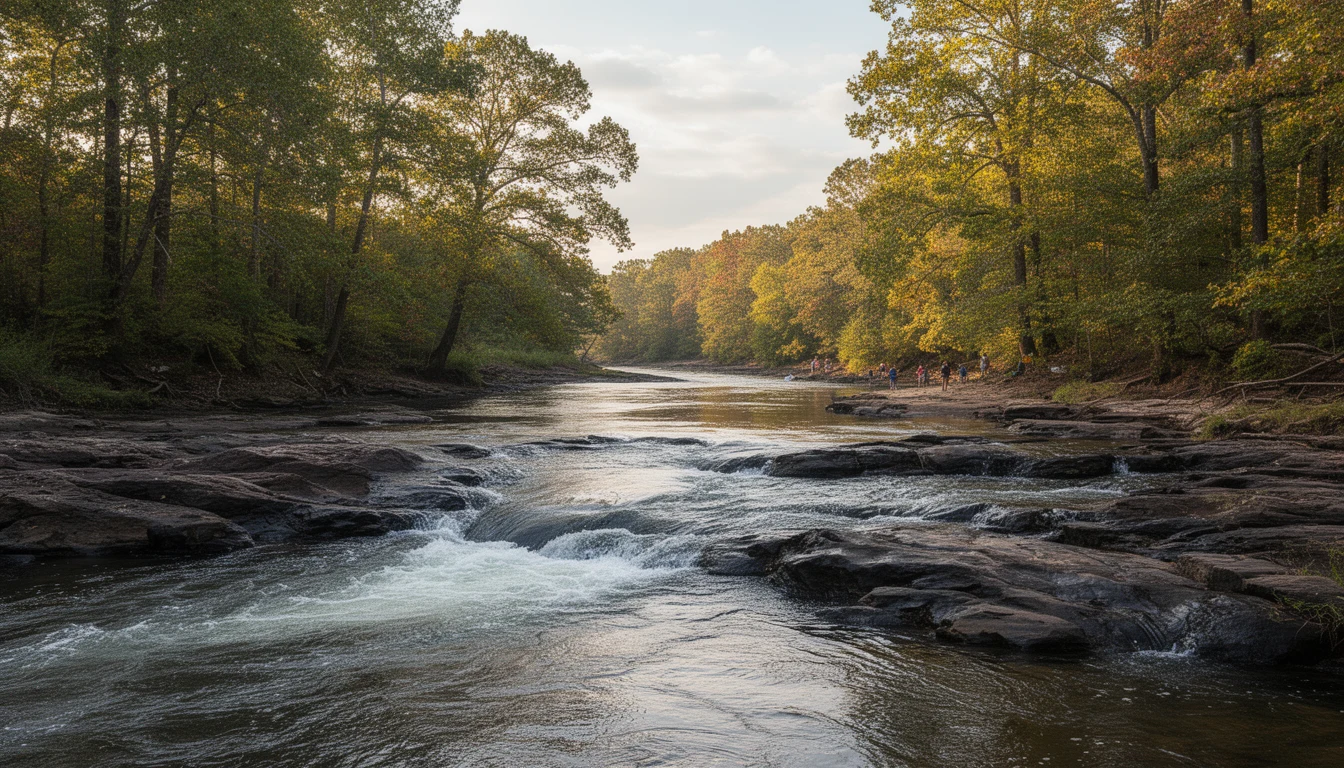 The Roanoke River at the fall line near Weldon, Halifax County, with gentle rapids over dark rock and wooded banks