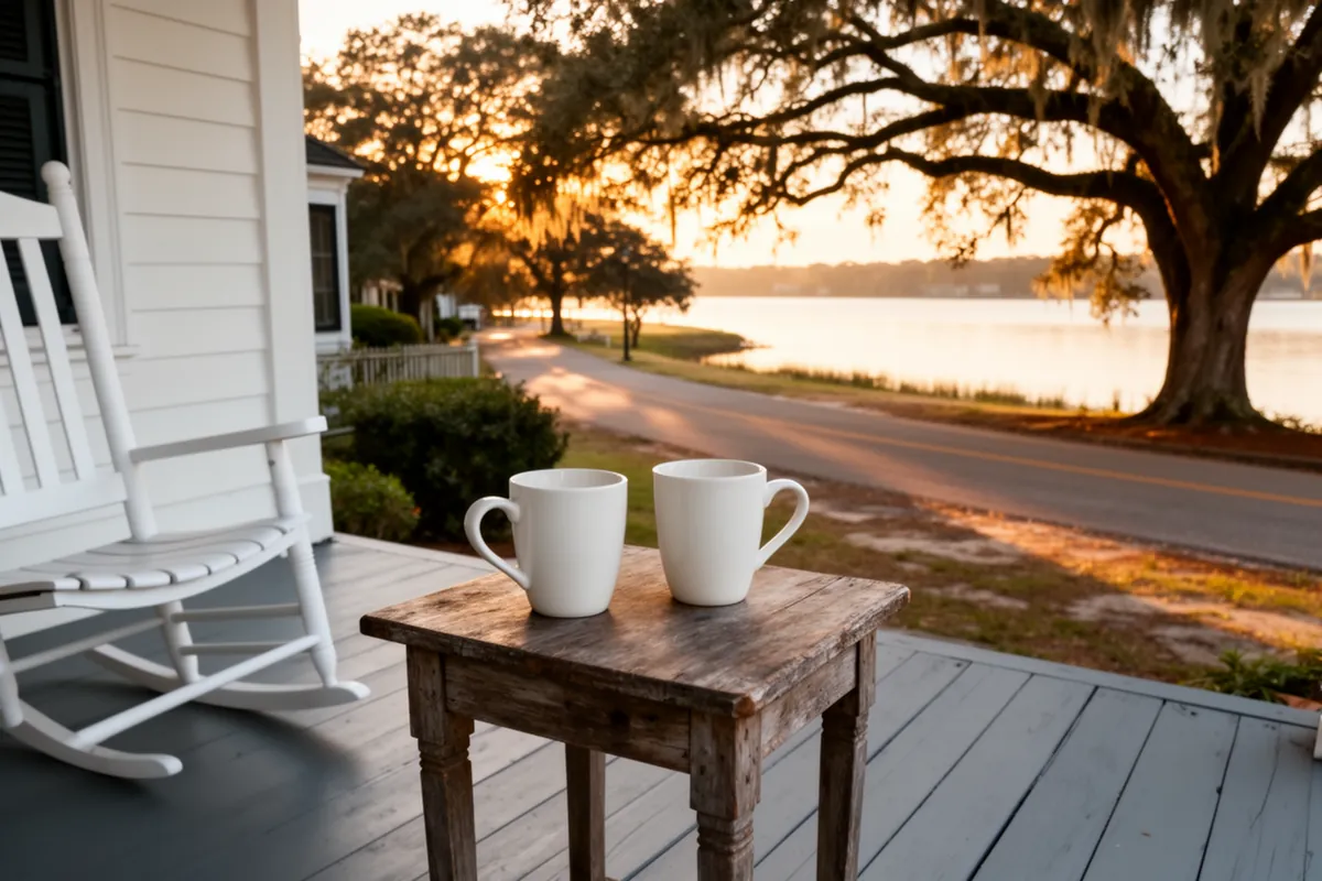 Two coffee cups on a small table on a historic house's front porch in late-afternoon light