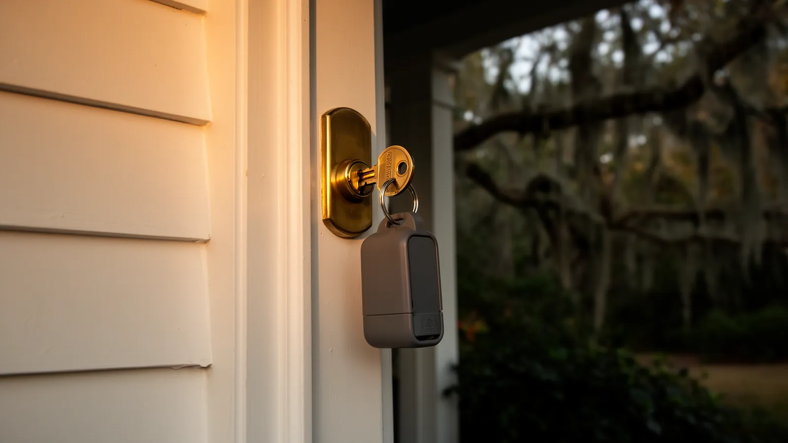 A brass key in the deadbolt of a white front door, a gray lockbox hanging from its ring, late-afternoon light and live oaks hung with moss behind