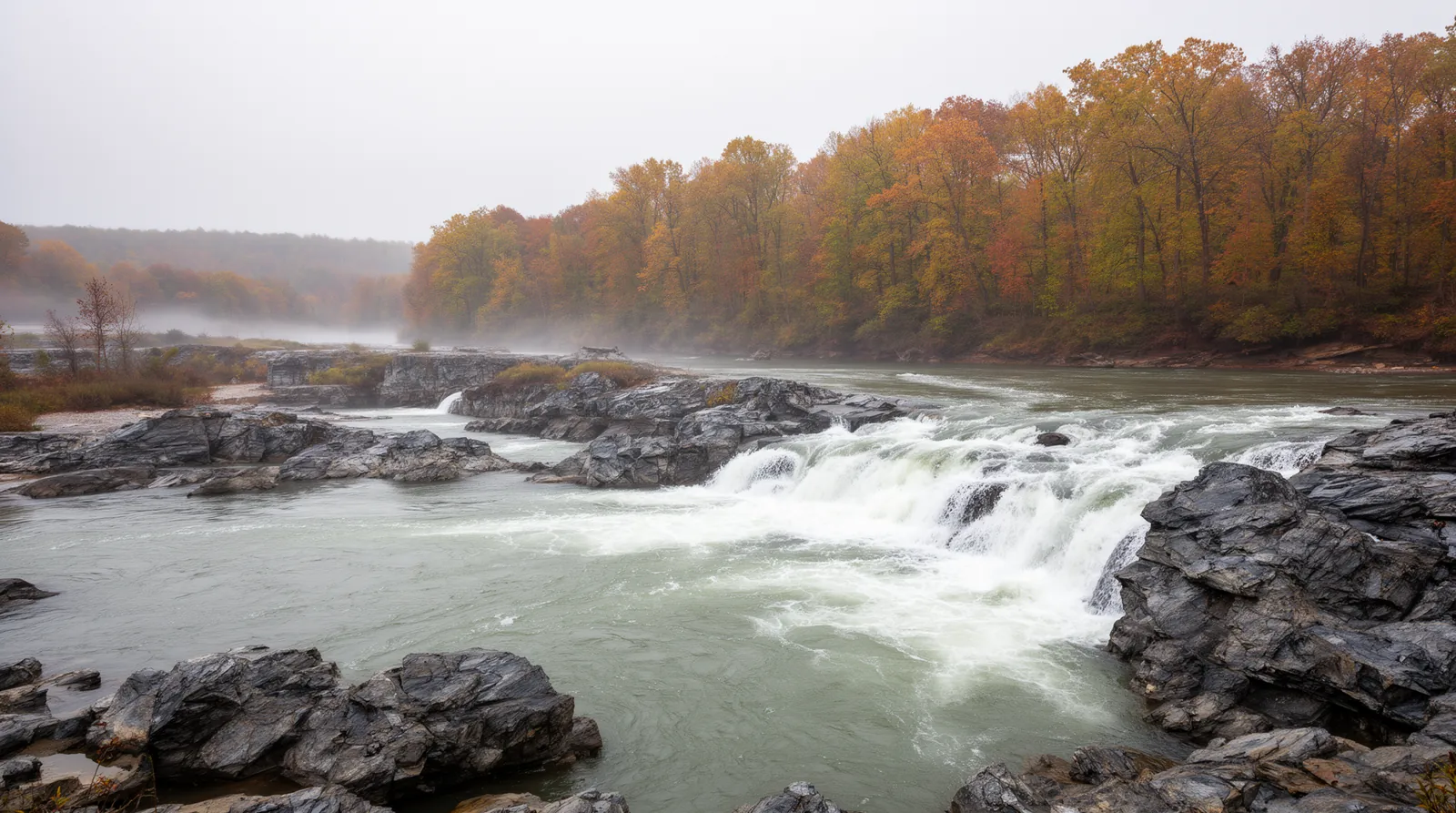 Whitewater on the Roanoke River breaking over dark rock ledges below autumn hardwoods on a misty, overcast morning