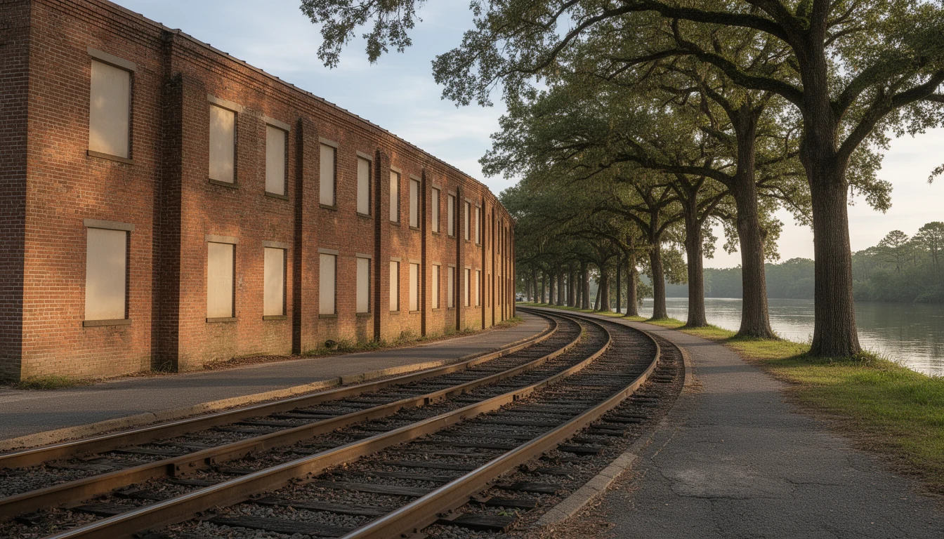 Railroad tracks curving along the waterfront beside a brick warehouse building in a small North Carolina river town, late afternoon light