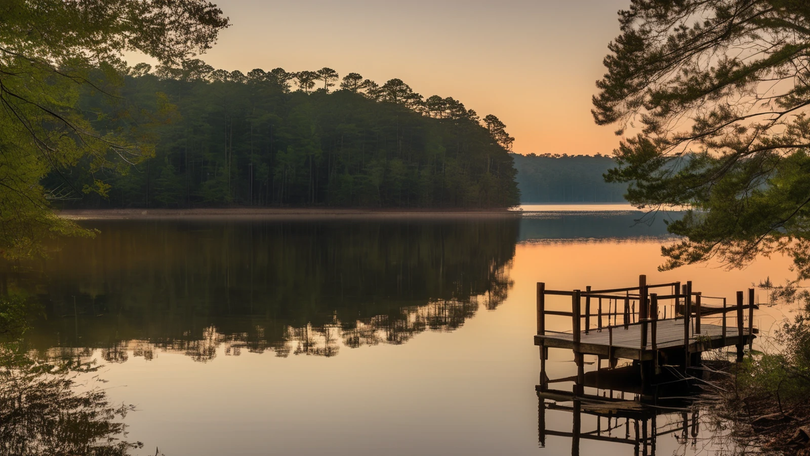 A quiet cove on Lake Gaston's south shore at golden hour, North Carolina