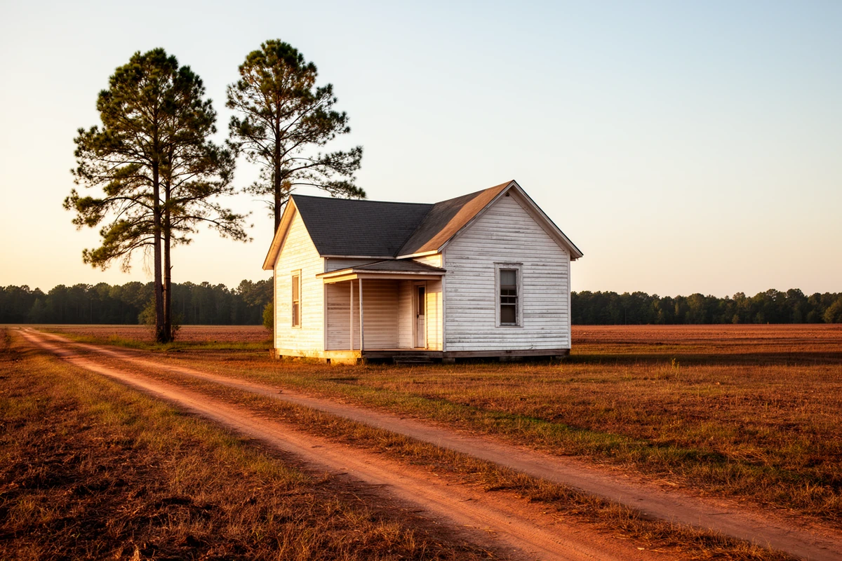 A modest 1930s New Deal-era farmhouse on cleared farmland near the Roanoke River at Tillery, North Carolina
