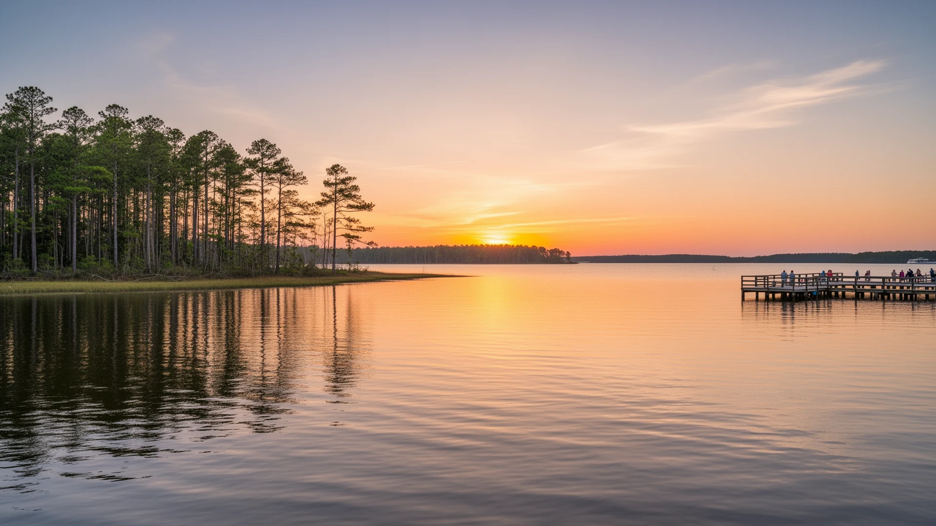 Roanoke Rapids Lake at sunset with wide calm water and a pine-lined shoreline
