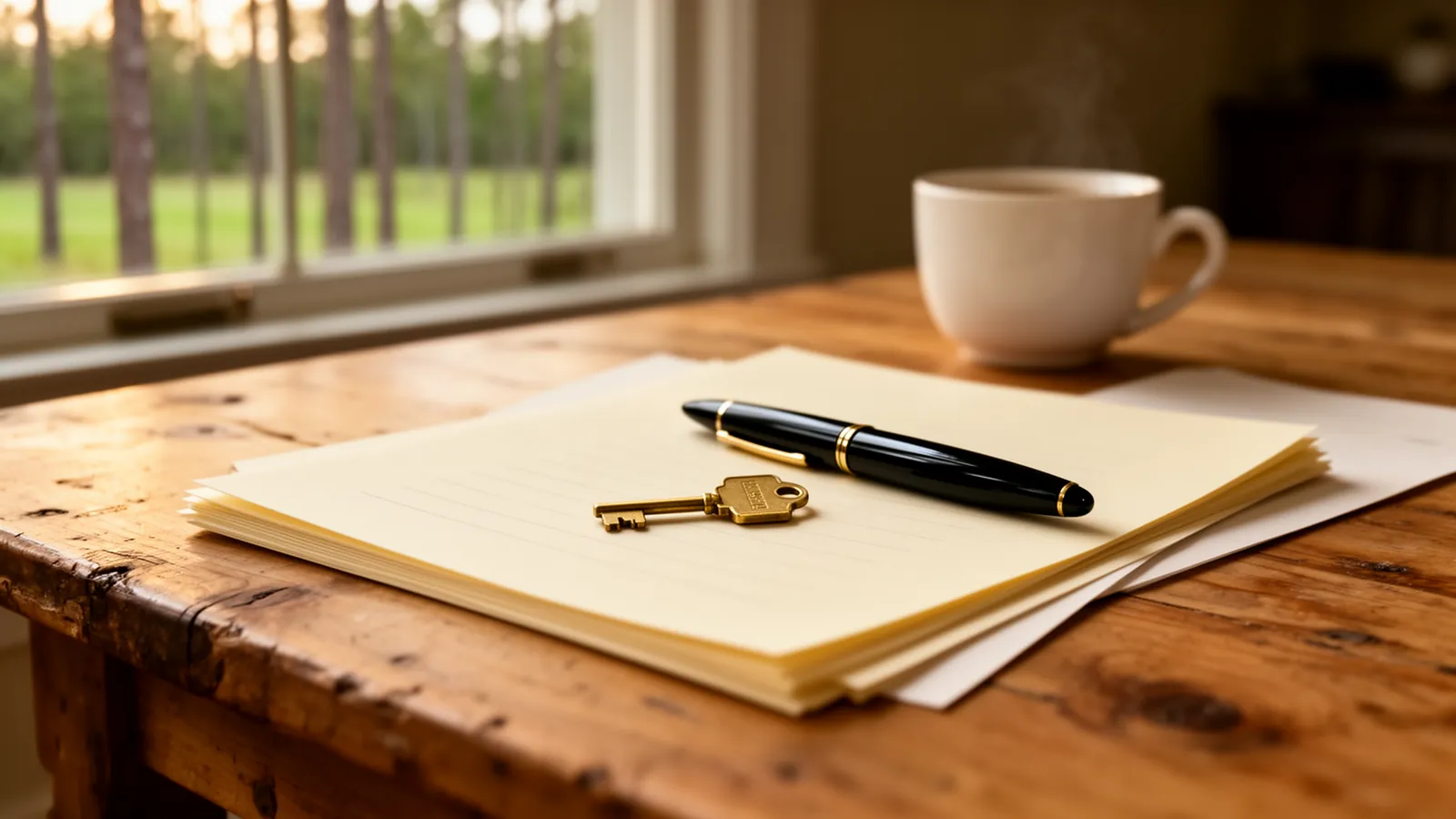A brass house key and a fountain pen resting on a stack of papers on a pine kitchen table, morning light from a window looking out on pines