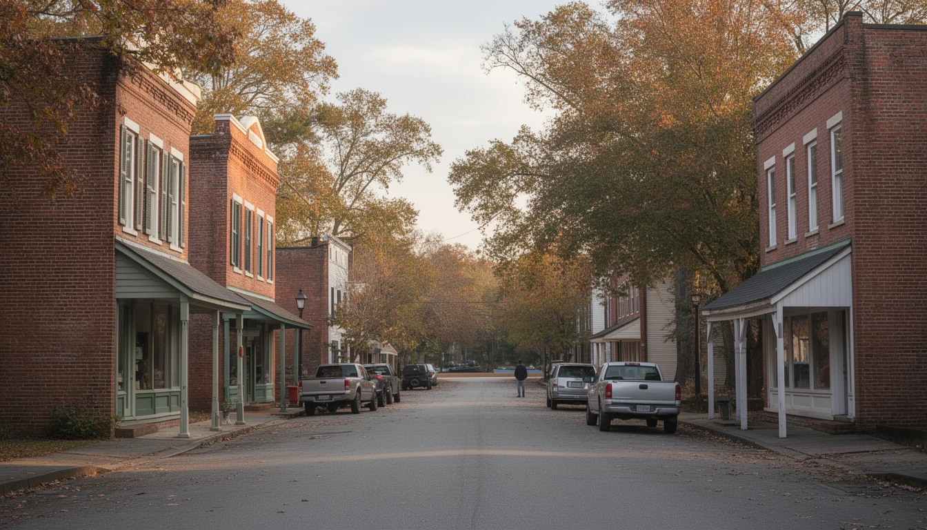 Brick storefronts and old commercial buildings along a main street in a small North Carolina river town, afternoon light