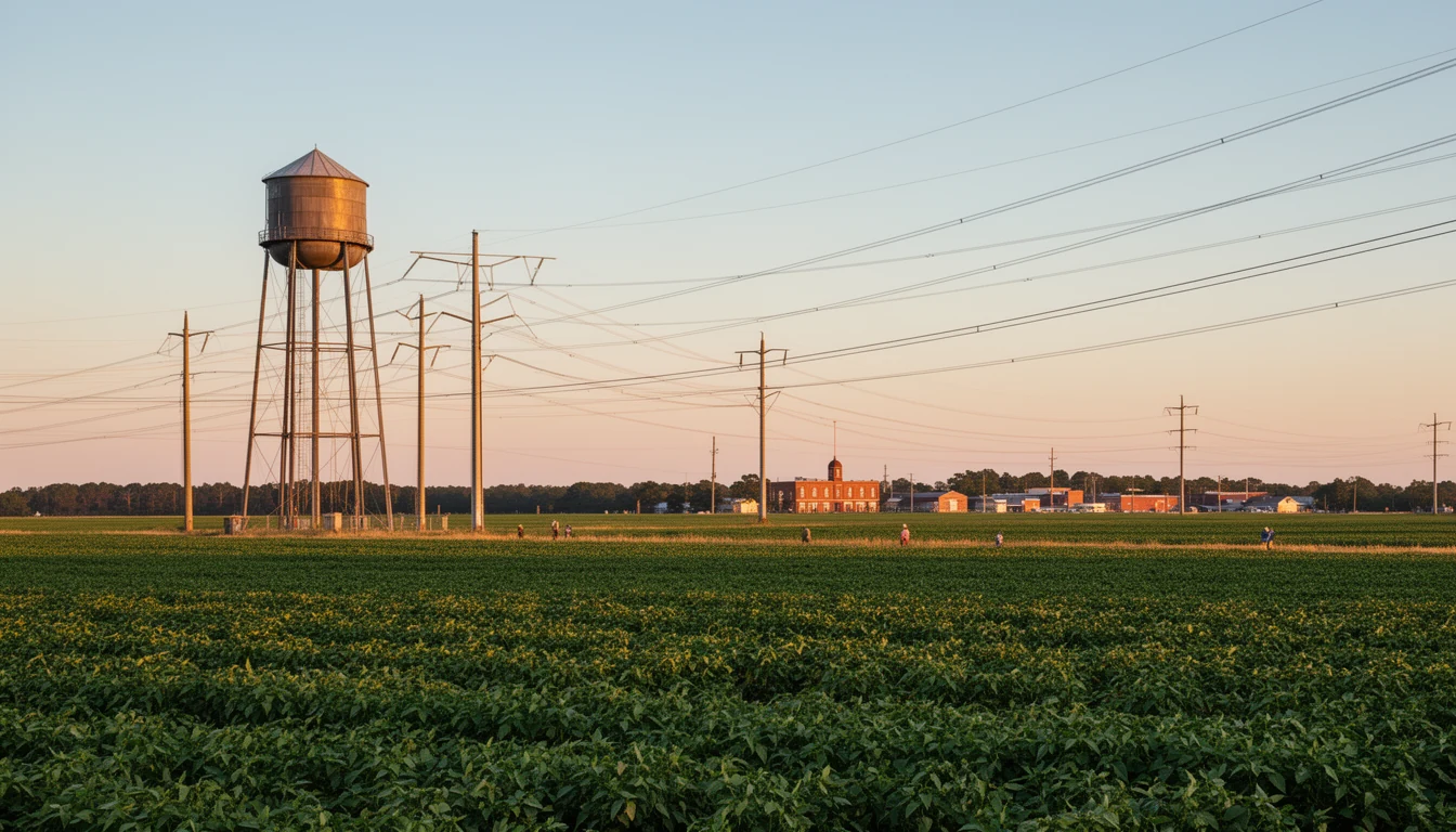 Water tower and power lines over soybean fields in rural Halifax County at golden hour